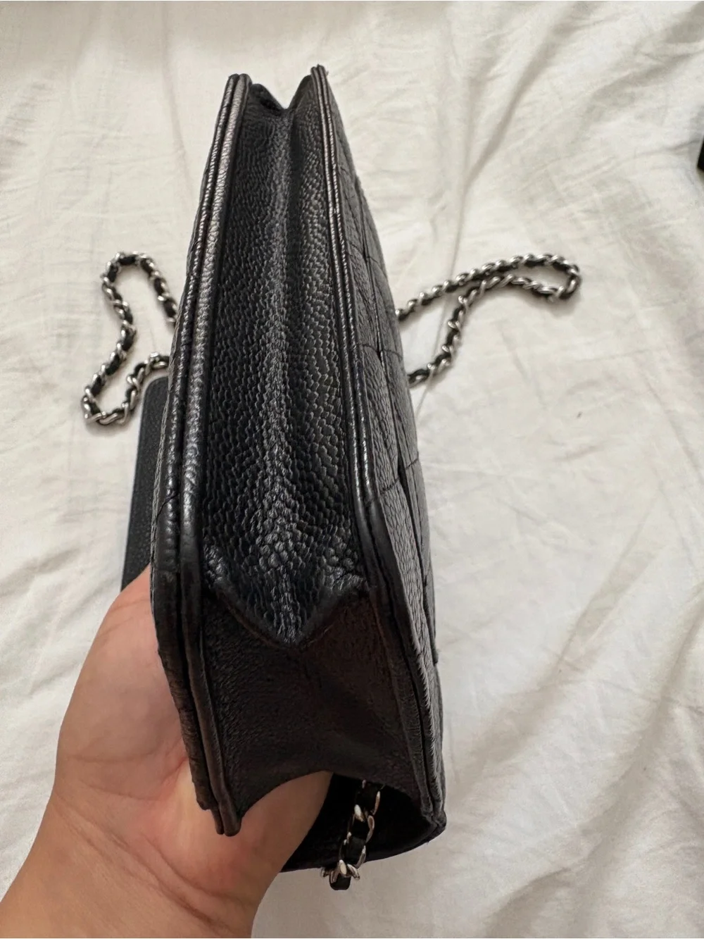 CHANEL Black Quilted Caviar Leather Crossbody Wallet with Silver Chain